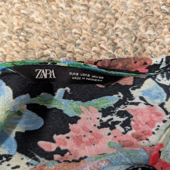 ZARA Floral Midi Dress Watercolor Small 3/4 Sleeve Bow Back Halter High Neck - Picture 5 of 5